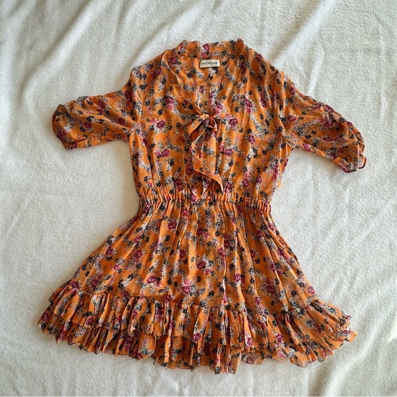 Nicholas Ruffle Mini Dress Floral Multi Print Victorian Front Tie Size 38 US S - Picture 8 of 14